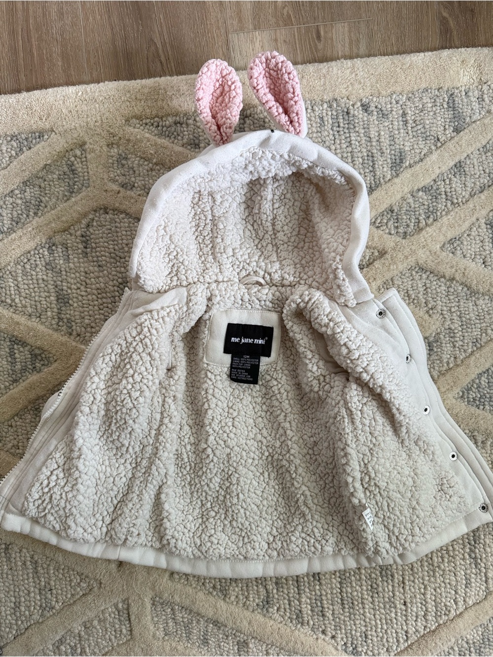 Me Jane Mini Bunny Ear Coat 12M White Sherpa Lined Hooded Jacket Toddler - Picture 3 of 4